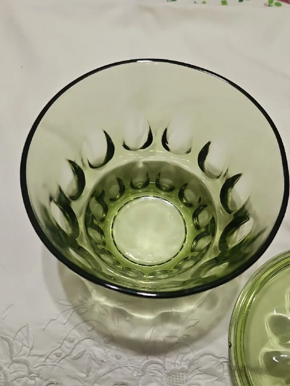Vintage Hazel Atlas 'Reflection' Avocado Green Lidded Glass Candy Dish